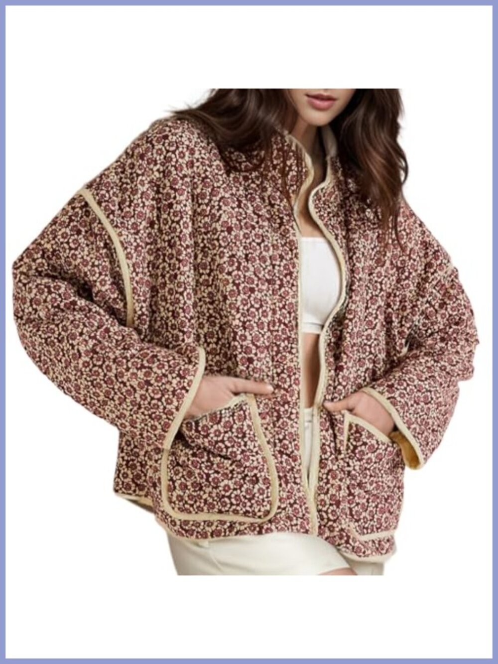 Women's Cropped Quilted Puffer Jacket Floral Print Open Front Lightweight Short